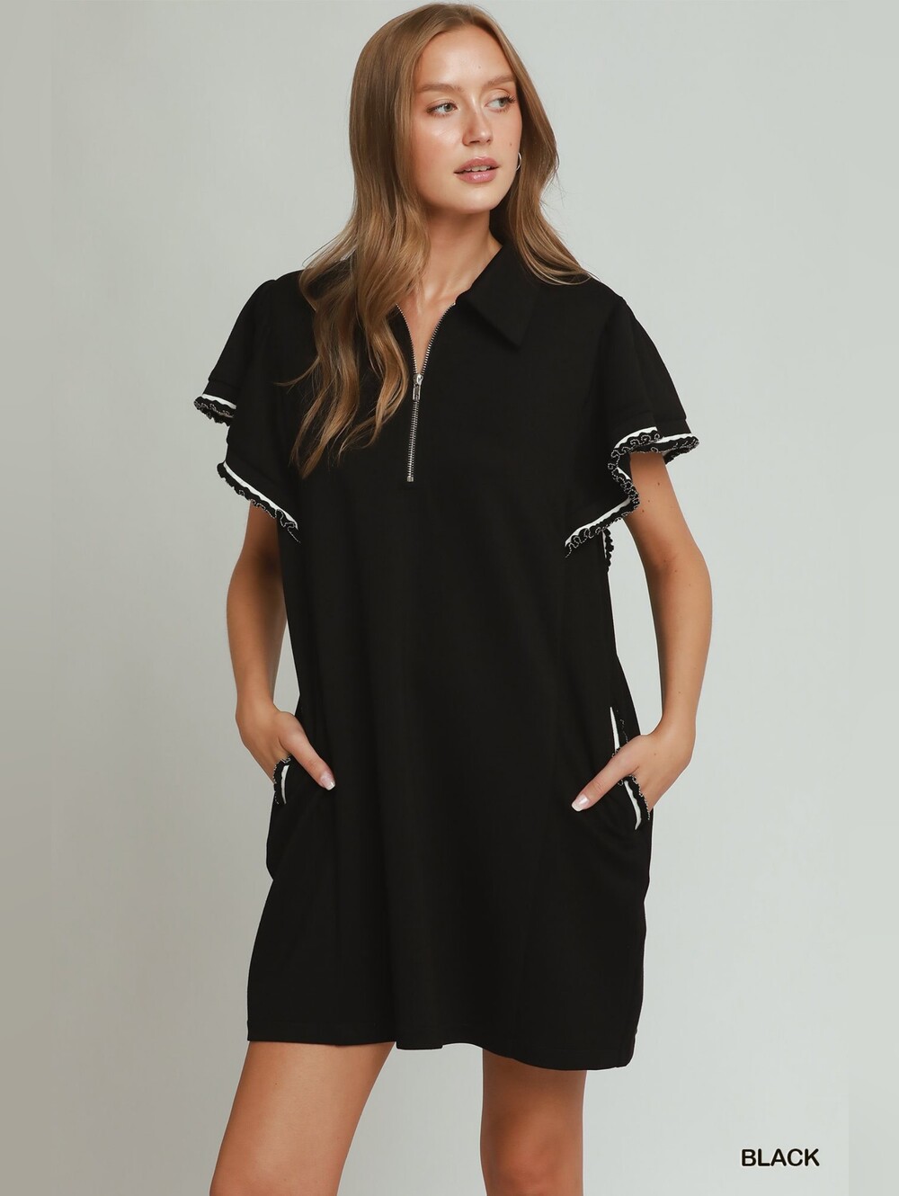 Umgee Half Zip Ruffle Rib Band Butterfy Sleeve Mini Dress with Pockets